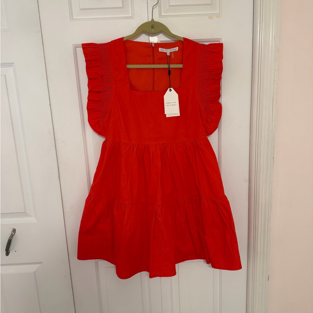 English Factory Vibrant Red Ruffled Sleeve Dress